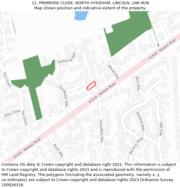 12, PRIMROSE CLOSE, NORTH HYKEHAM, LINCOLN, LN6 9UN: Location map and indicative extent of plot