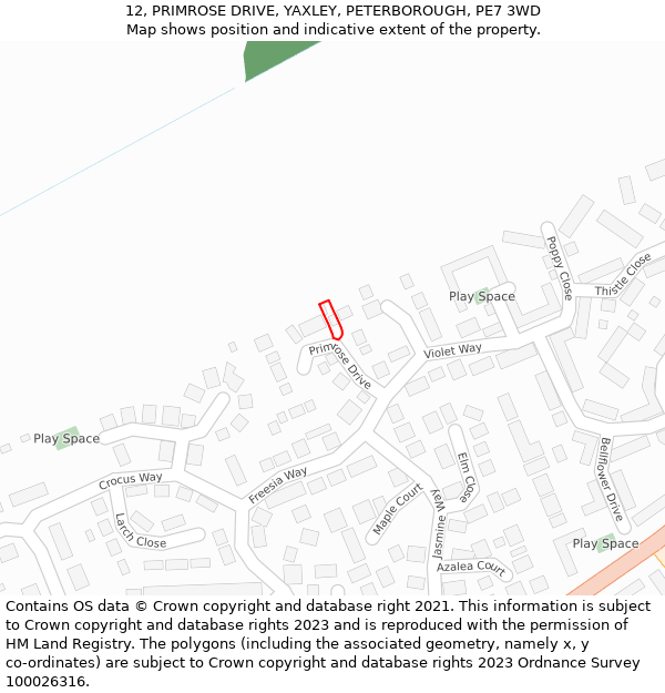 12, PRIMROSE DRIVE, YAXLEY, PETERBOROUGH, PE7 3WD: Location map and indicative extent of plot