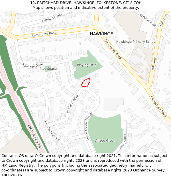 12, PRITCHARD DRIVE, HAWKINGE, FOLKESTONE, CT18 7QH: Location map and indicative extent of plot