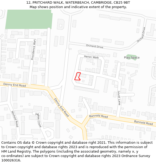 12, PRITCHARD WALK, WATERBEACH, CAMBRIDGE, CB25 9BT: Location map and indicative extent of plot