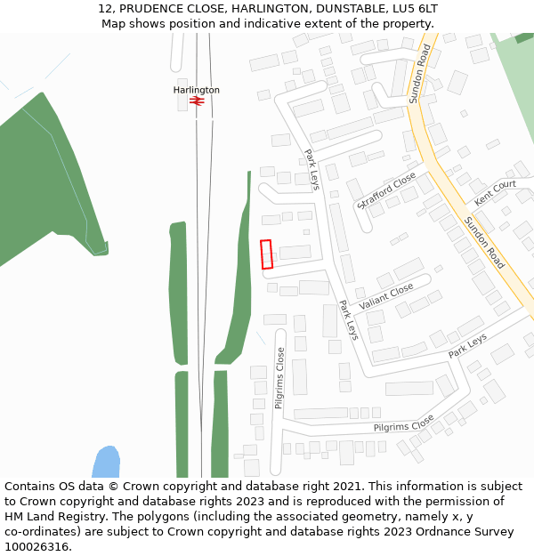 12, PRUDENCE CLOSE, HARLINGTON, DUNSTABLE, LU5 6LT: Location map and indicative extent of plot