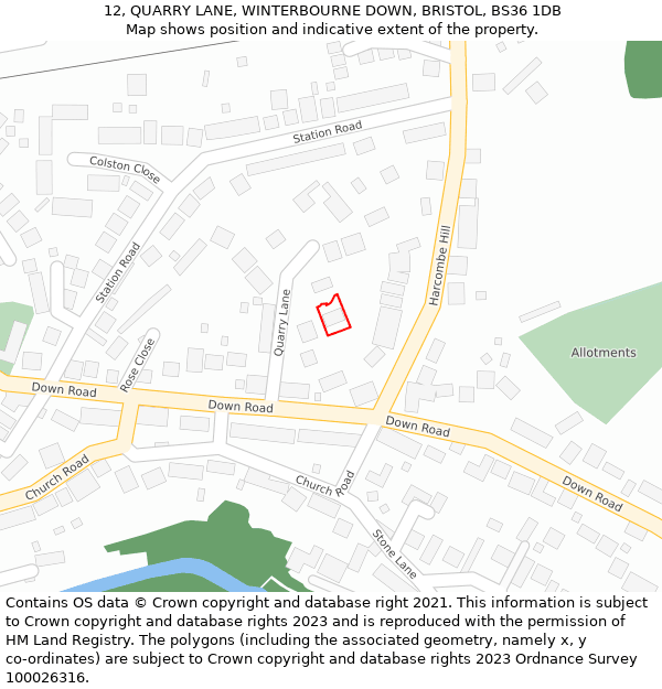 12, QUARRY LANE, WINTERBOURNE DOWN, BRISTOL, BS36 1DB: Location map and indicative extent of plot