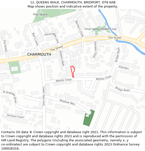 12, QUEENS WALK, CHARMOUTH, BRIDPORT, DT6 6AB: Location map and indicative extent of plot