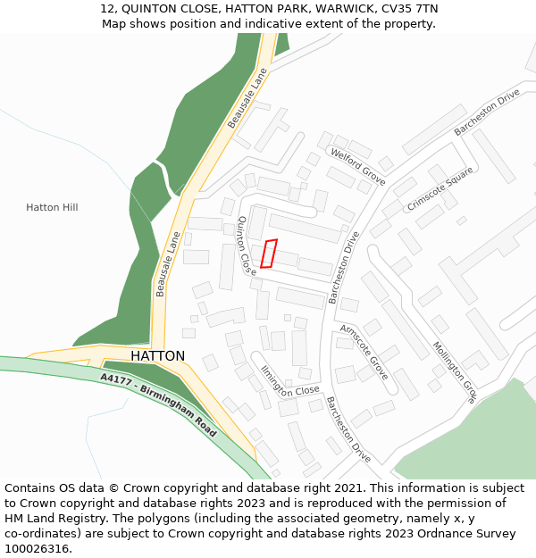 12, QUINTON CLOSE, HATTON PARK, WARWICK, CV35 7TN: Location map and indicative extent of plot