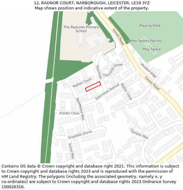 12, RADNOR COURT, NARBOROUGH, LEICESTER, LE19 3YZ: Location map and indicative extent of plot