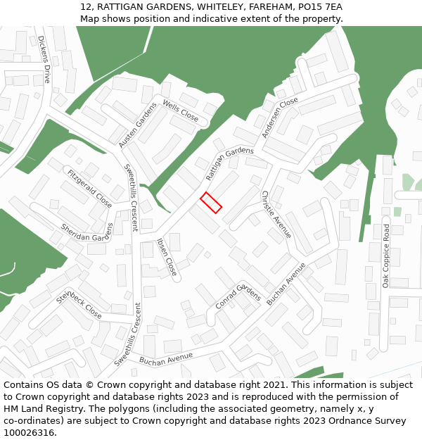 12, RATTIGAN GARDENS, WHITELEY, FAREHAM, PO15 7EA: Location map and indicative extent of plot