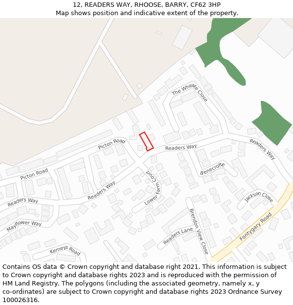12, READERS WAY, RHOOSE, BARRY, CF62 3HP: Location map and indicative extent of plot