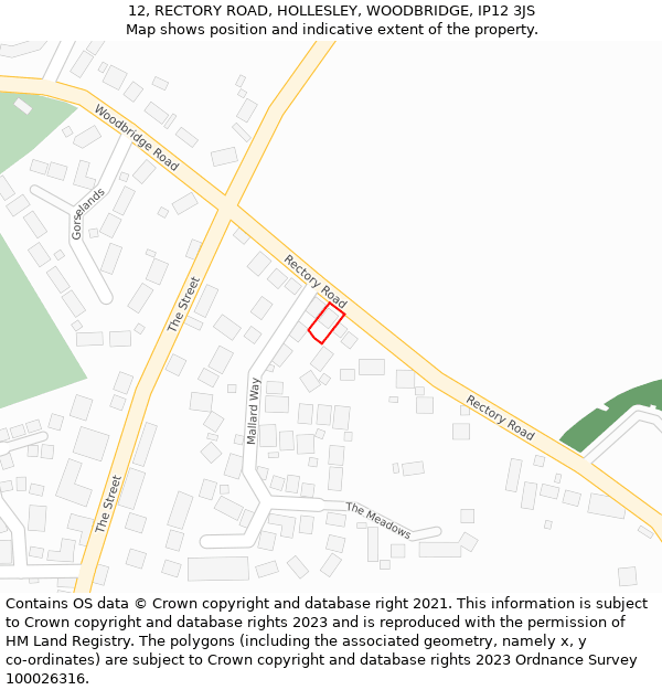 12, RECTORY ROAD, HOLLESLEY, WOODBRIDGE, IP12 3JS: Location map and indicative extent of plot