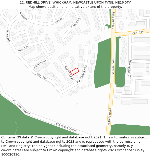 12, REDHILL DRIVE, WHICKHAM, NEWCASTLE UPON TYNE, NE16 5TY: Location map and indicative extent of plot