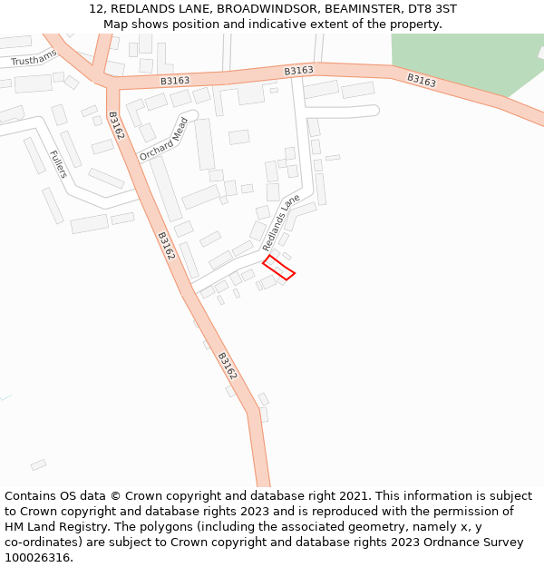 12, REDLANDS LANE, BROADWINDSOR, BEAMINSTER, DT8 3ST: Location map and indicative extent of plot