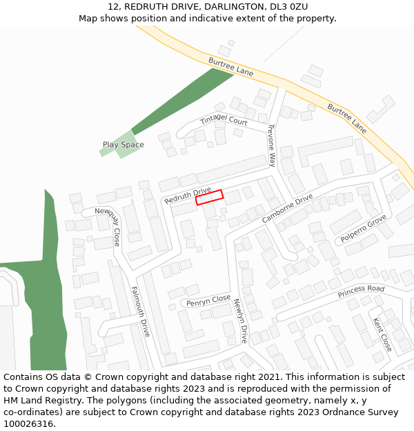 12, REDRUTH DRIVE, DARLINGTON, DL3 0ZU: Location map and indicative extent of plot