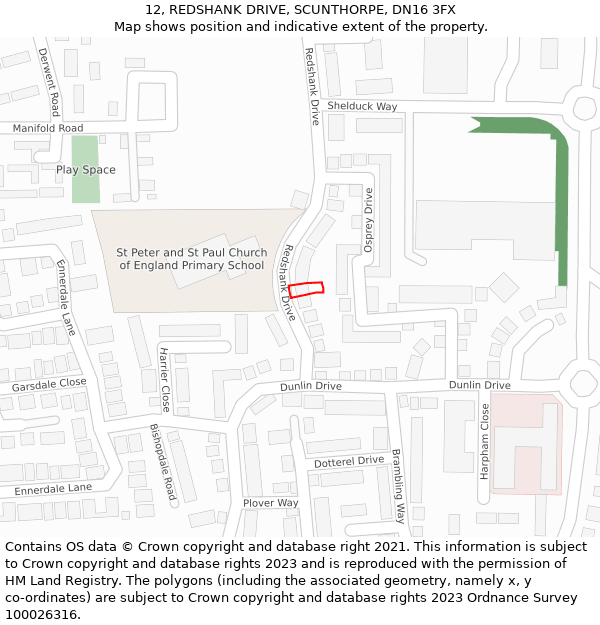 12, REDSHANK DRIVE, SCUNTHORPE, DN16 3FX: Location map and indicative extent of plot