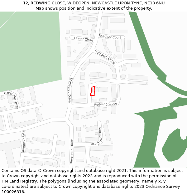 12, REDWING CLOSE, WIDEOPEN, NEWCASTLE UPON TYNE, NE13 6NU: Location map and indicative extent of plot