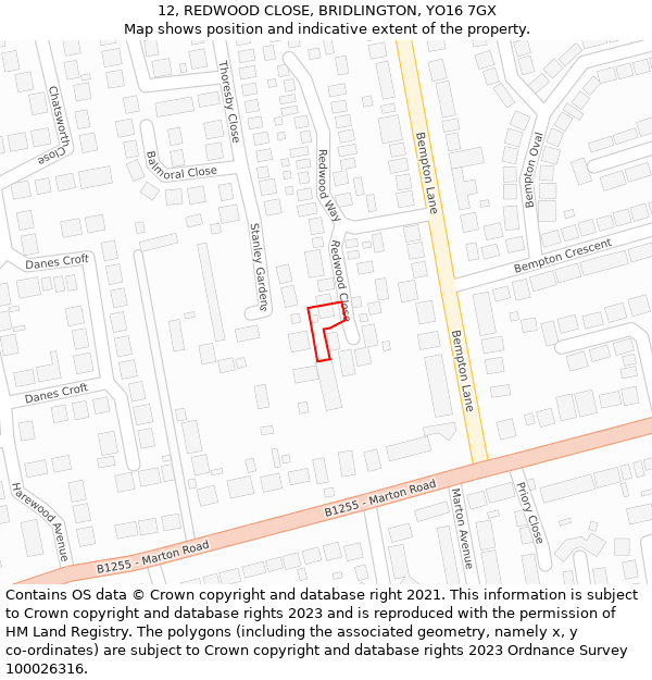 12, REDWOOD CLOSE, BRIDLINGTON, YO16 7GX: Location map and indicative extent of plot
