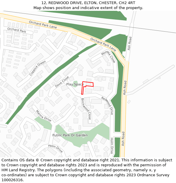 12, REDWOOD DRIVE, ELTON, CHESTER, CH2 4RT: Location map and indicative extent of plot