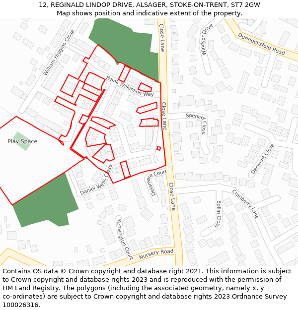 12, REGINALD LINDOP DRIVE, ALSAGER, STOKE-ON-TRENT, ST7 2GW: Location map and indicative extent of plot