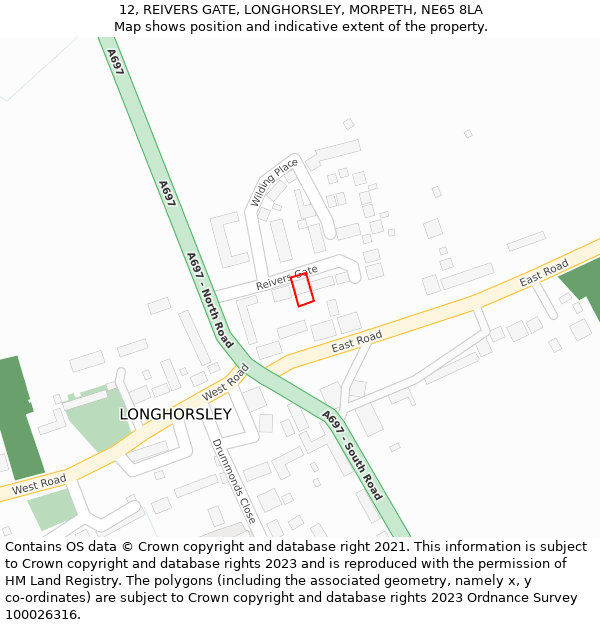 12, REIVERS GATE, LONGHORSLEY, MORPETH, NE65 8LA: Location map and indicative extent of plot