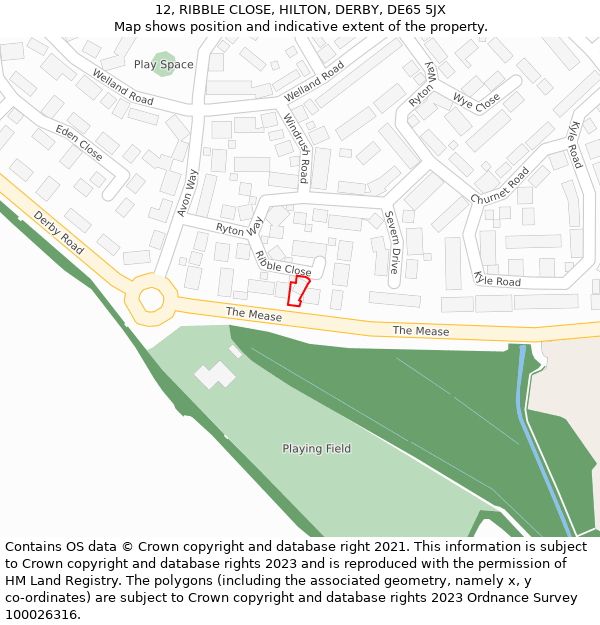 12, RIBBLE CLOSE, HILTON, DERBY, DE65 5JX: Location map and indicative extent of plot