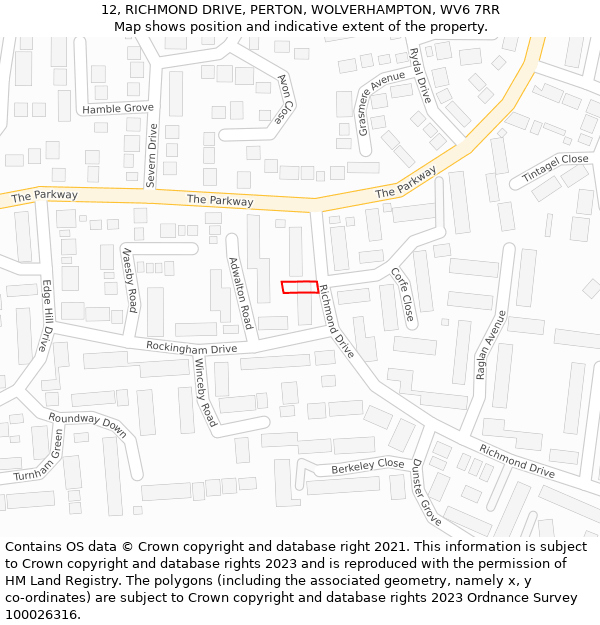 12, RICHMOND DRIVE, PERTON, WOLVERHAMPTON, WV6 7RR: Location map and indicative extent of plot