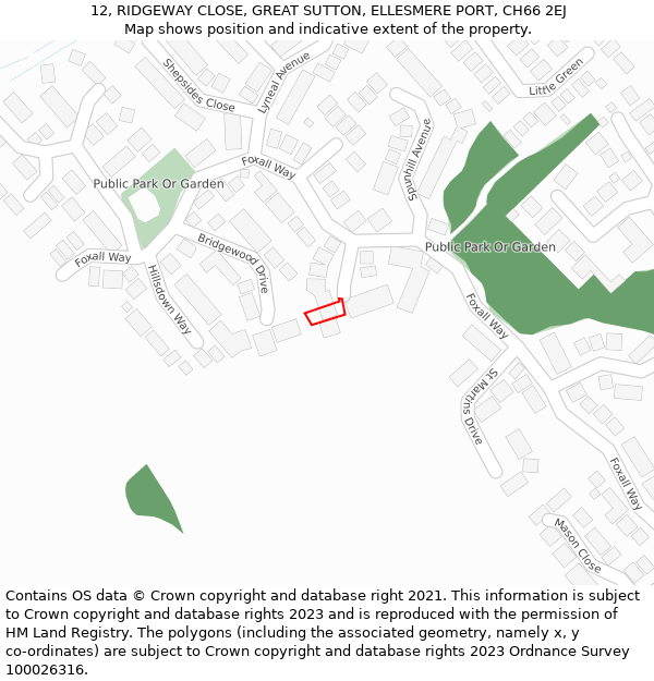 12, RIDGEWAY CLOSE, GREAT SUTTON, ELLESMERE PORT, CH66 2EJ: Location map and indicative extent of plot