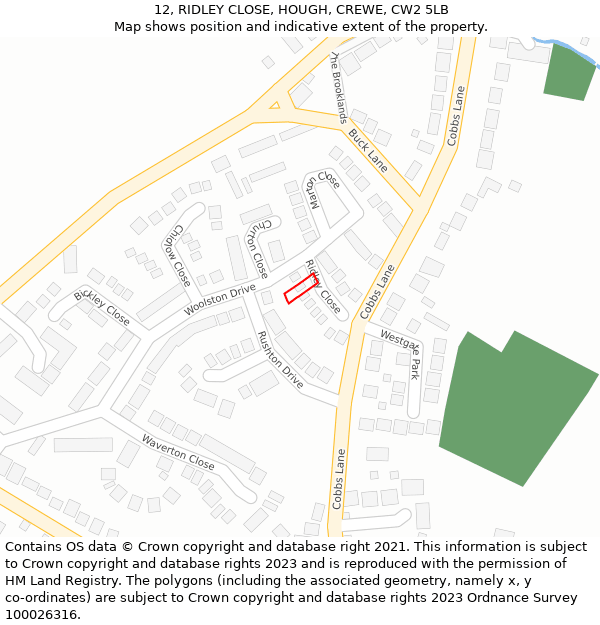 12, RIDLEY CLOSE, HOUGH, CREWE, CW2 5LB: Location map and indicative extent of plot