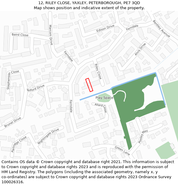 12, RILEY CLOSE, YAXLEY, PETERBOROUGH, PE7 3QD: Location map and indicative extent of plot