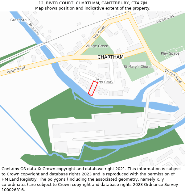 12, RIVER COURT, CHARTHAM, CANTERBURY, CT4 7JN: Location map and indicative extent of plot
