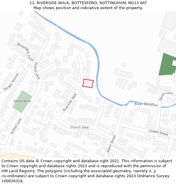 12, RIVERSIDE WALK, BOTTESFORD, NOTTINGHAM, NG13 0AT: Location map and indicative extent of plot