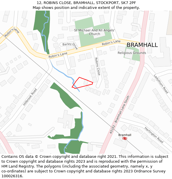 12, ROBINS CLOSE, BRAMHALL, STOCKPORT, SK7 2PF: Location map and indicative extent of plot