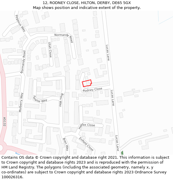 12, RODNEY CLOSE, HILTON, DERBY, DE65 5GX: Location map and indicative extent of plot