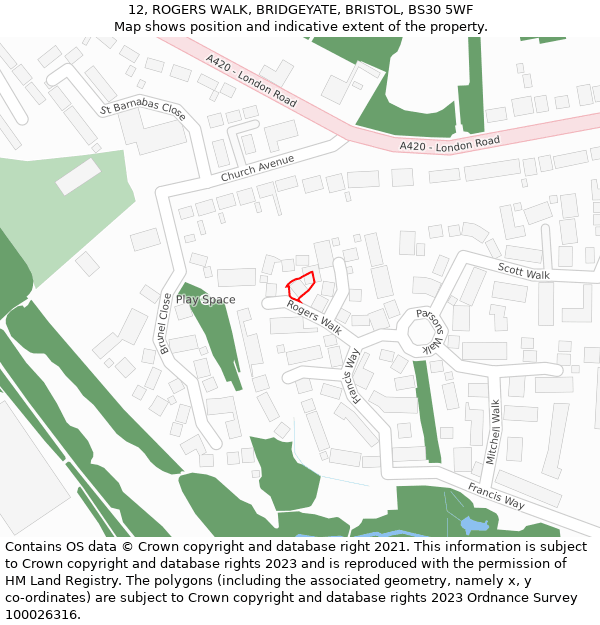 12, ROGERS WALK, BRIDGEYATE, BRISTOL, BS30 5WF: Location map and indicative extent of plot