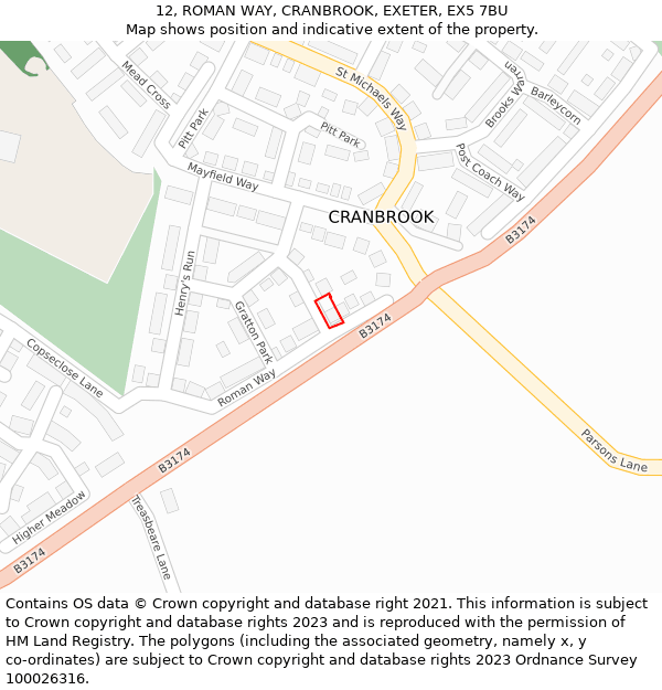 12, ROMAN WAY, CRANBROOK, EXETER, EX5 7BU: Location map and indicative extent of plot