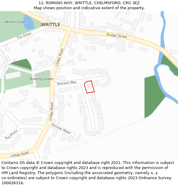12, ROMANS WAY, WRITTLE, CHELMSFORD, CM1 3EZ: Location map and indicative extent of plot