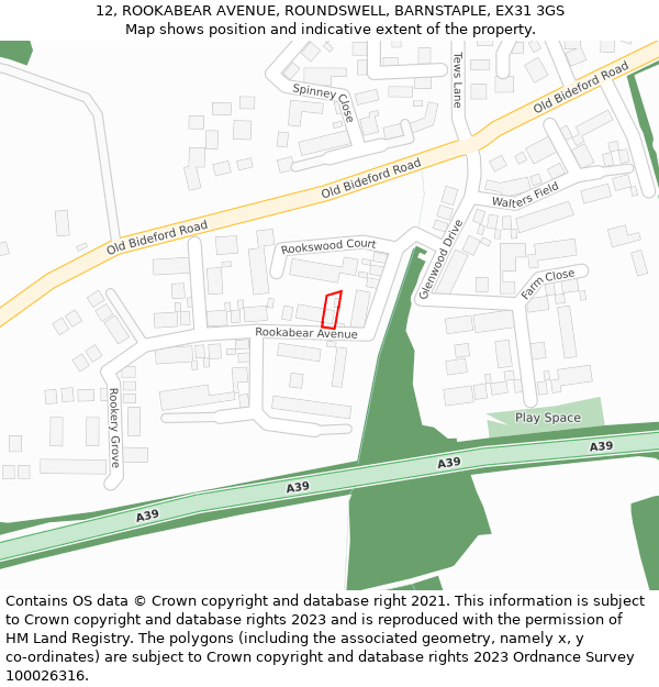 12, ROOKABEAR AVENUE, ROUNDSWELL, BARNSTAPLE, EX31 3GS: Location map and indicative extent of plot