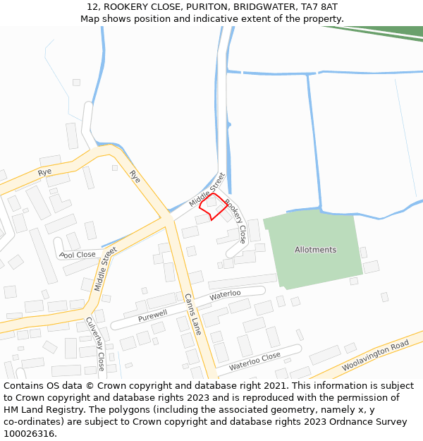 12, ROOKERY CLOSE, PURITON, BRIDGWATER, TA7 8AT: Location map and indicative extent of plot