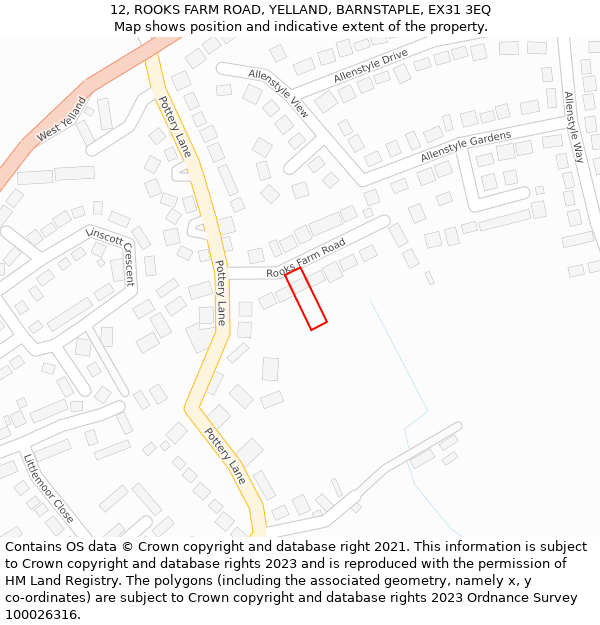 12, ROOKS FARM ROAD, YELLAND, BARNSTAPLE, EX31 3EQ: Location map and indicative extent of plot