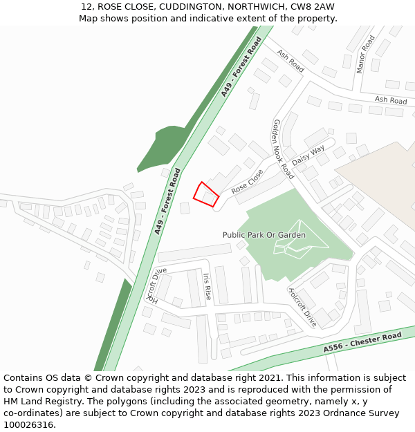 12, ROSE CLOSE, CUDDINGTON, NORTHWICH, CW8 2AW: Location map and indicative extent of plot