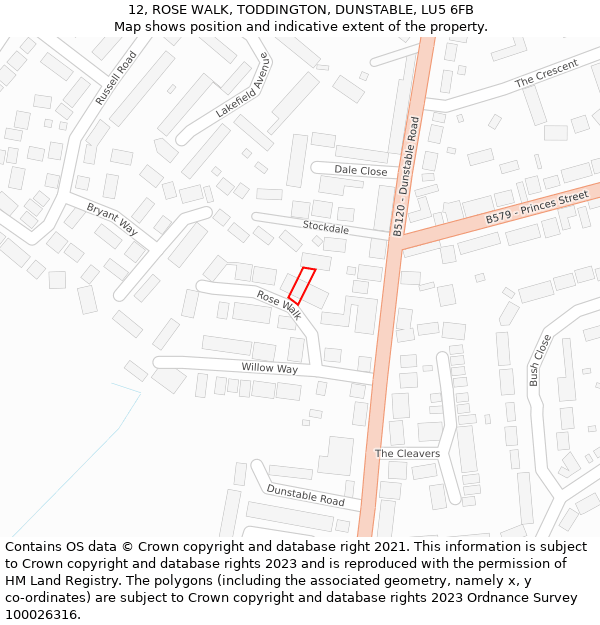 12, ROSE WALK, TODDINGTON, DUNSTABLE, LU5 6FB: Location map and indicative extent of plot