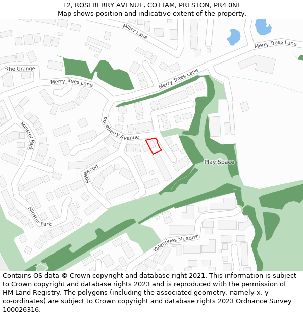 12, ROSEBERRY AVENUE, COTTAM, PRESTON, PR4 0NF: Location map and indicative extent of plot