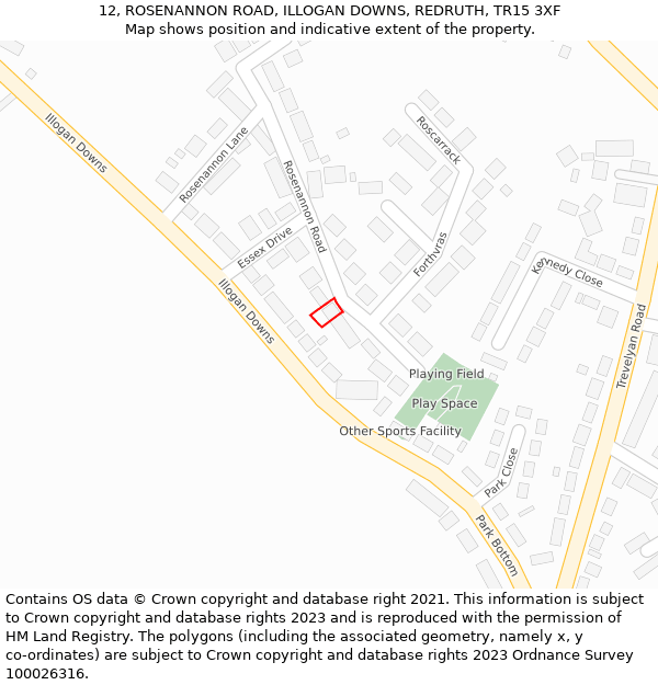 12, ROSENANNON ROAD, ILLOGAN DOWNS, REDRUTH, TR15 3XF: Location map and indicative extent of plot