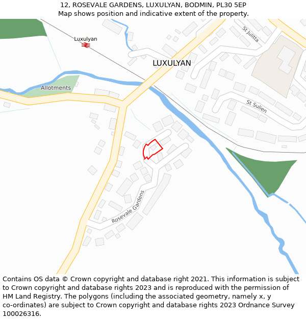 12, ROSEVALE GARDENS, LUXULYAN, BODMIN, PL30 5EP: Location map and indicative extent of plot