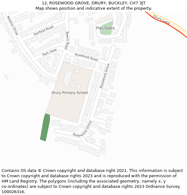 12, ROSEWOOD GROVE, DRURY, BUCKLEY, CH7 3JT: Location map and indicative extent of plot