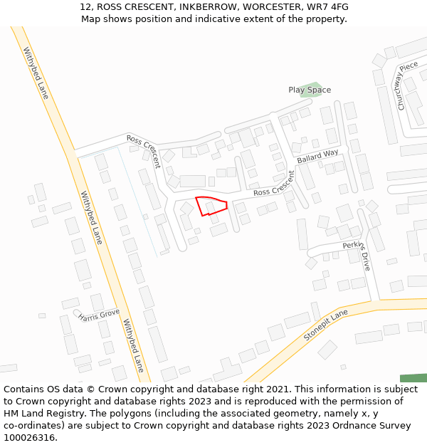 12, ROSS CRESCENT, INKBERROW, WORCESTER, WR7 4FG: Location map and indicative extent of plot