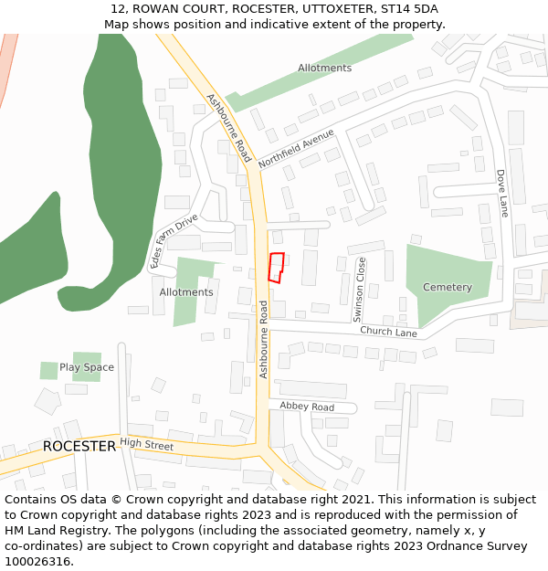 12, ROWAN COURT, ROCESTER, UTTOXETER, ST14 5DA: Location map and indicative extent of plot