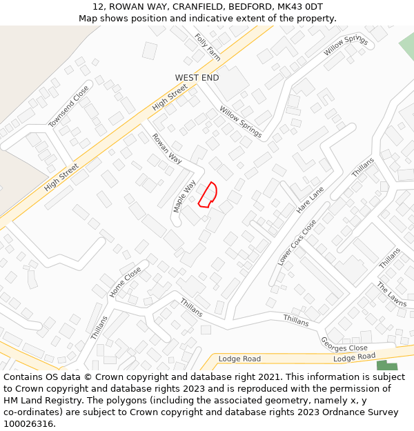 12, ROWAN WAY, CRANFIELD, BEDFORD, MK43 0DT: Location map and indicative extent of plot