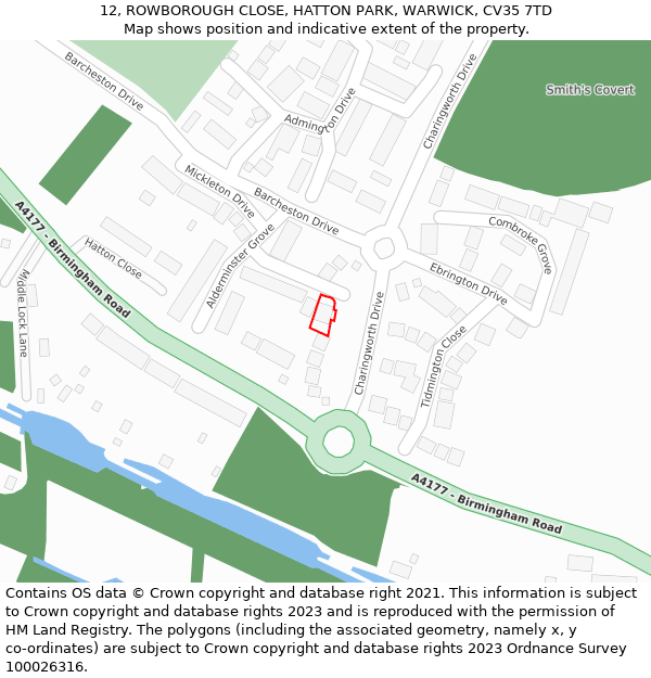 12, ROWBOROUGH CLOSE, HATTON PARK, WARWICK, CV35 7TD: Location map and indicative extent of plot