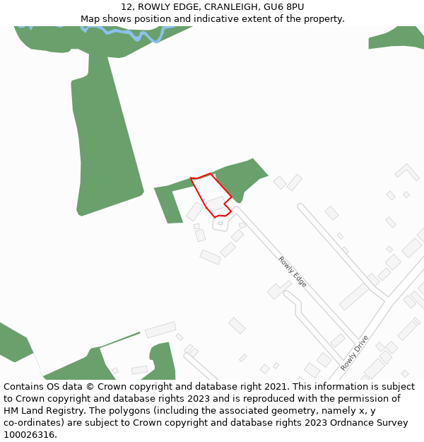 12, ROWLY EDGE, CRANLEIGH, GU6 8PU: Location map and indicative extent of plot