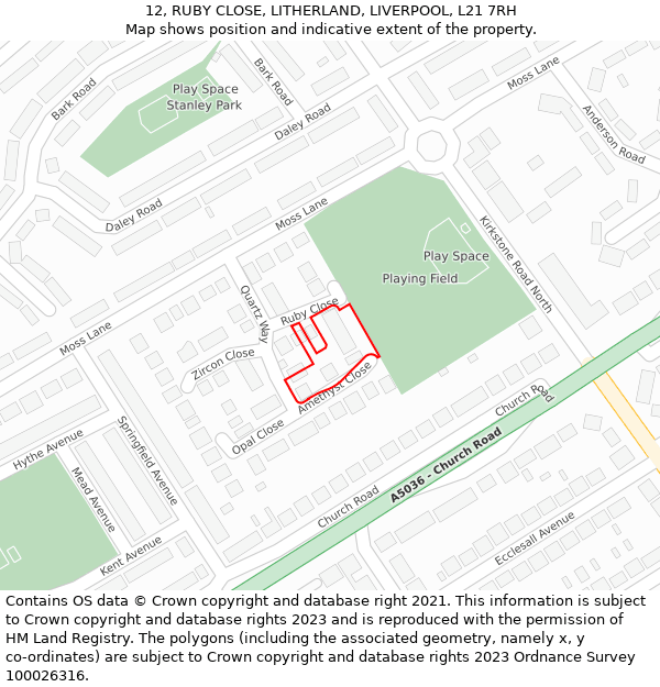 12, RUBY CLOSE, LITHERLAND, LIVERPOOL, L21 7RH: Location map and indicative extent of plot