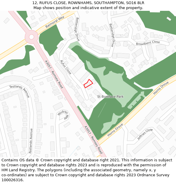 12, RUFUS CLOSE, ROWNHAMS, SOUTHAMPTON, SO16 8LR: Location map and indicative extent of plot