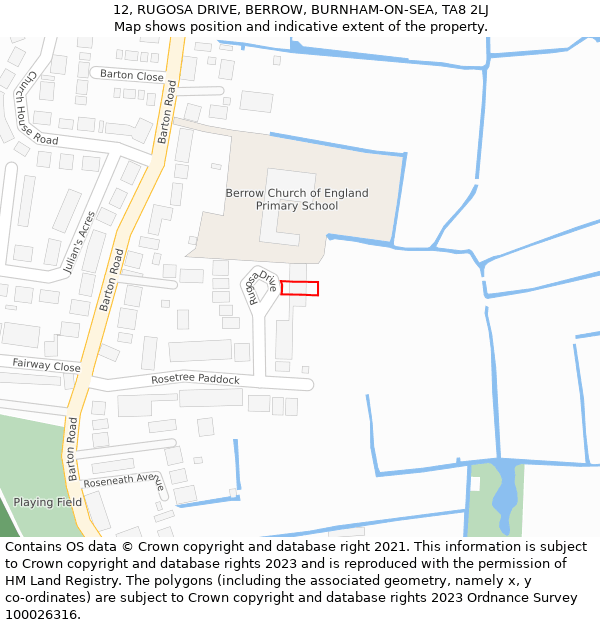 12, RUGOSA DRIVE, BERROW, BURNHAM-ON-SEA, TA8 2LJ: Location map and indicative extent of plot